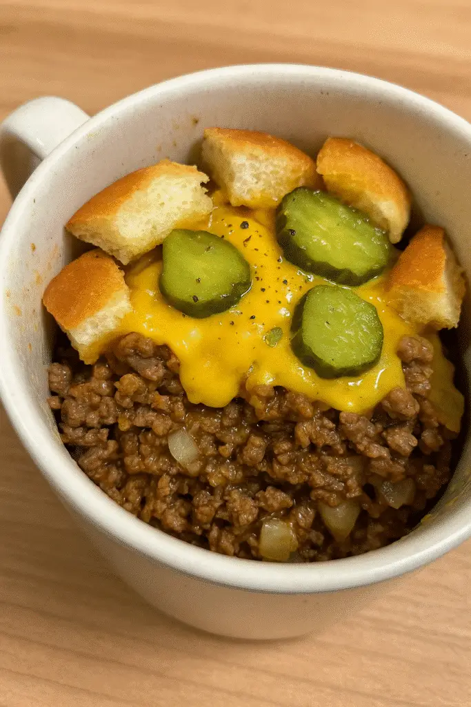 Pinterest pin for cheeseburger in a mug recipe showing melted cheese and seasoned beef in white ceramic mug