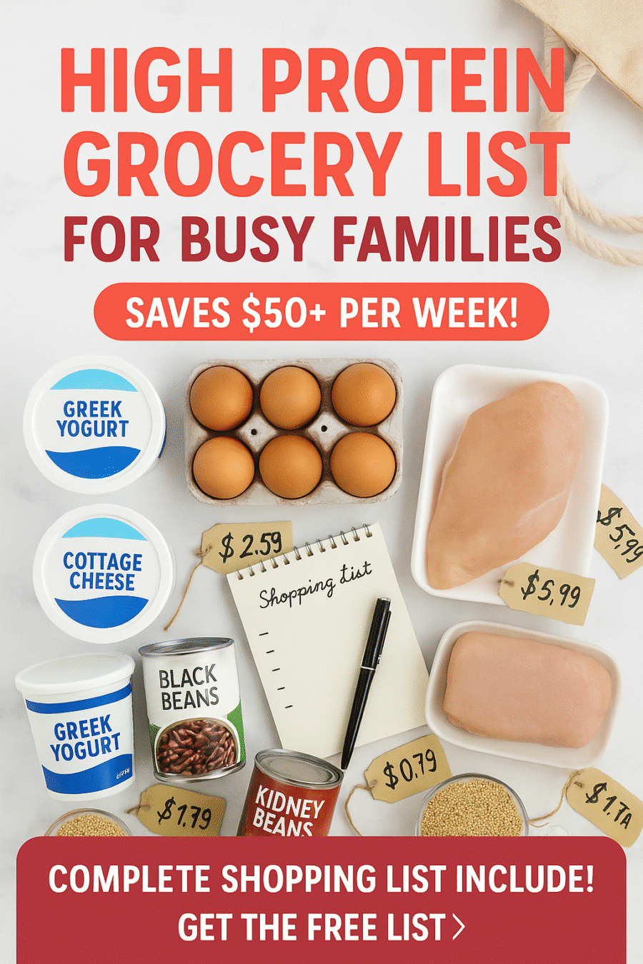 High protein grocery shopping list Pinterest pin with budget-friendly ingredients for families