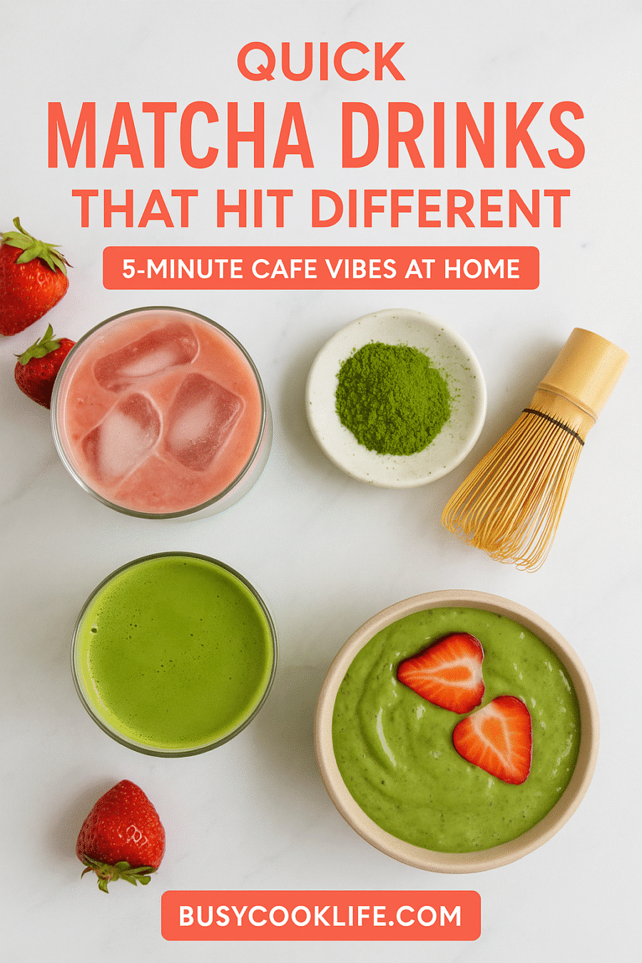 Pinterest pin for matcha drinks - 5-minute cafe vibes smoothie collection