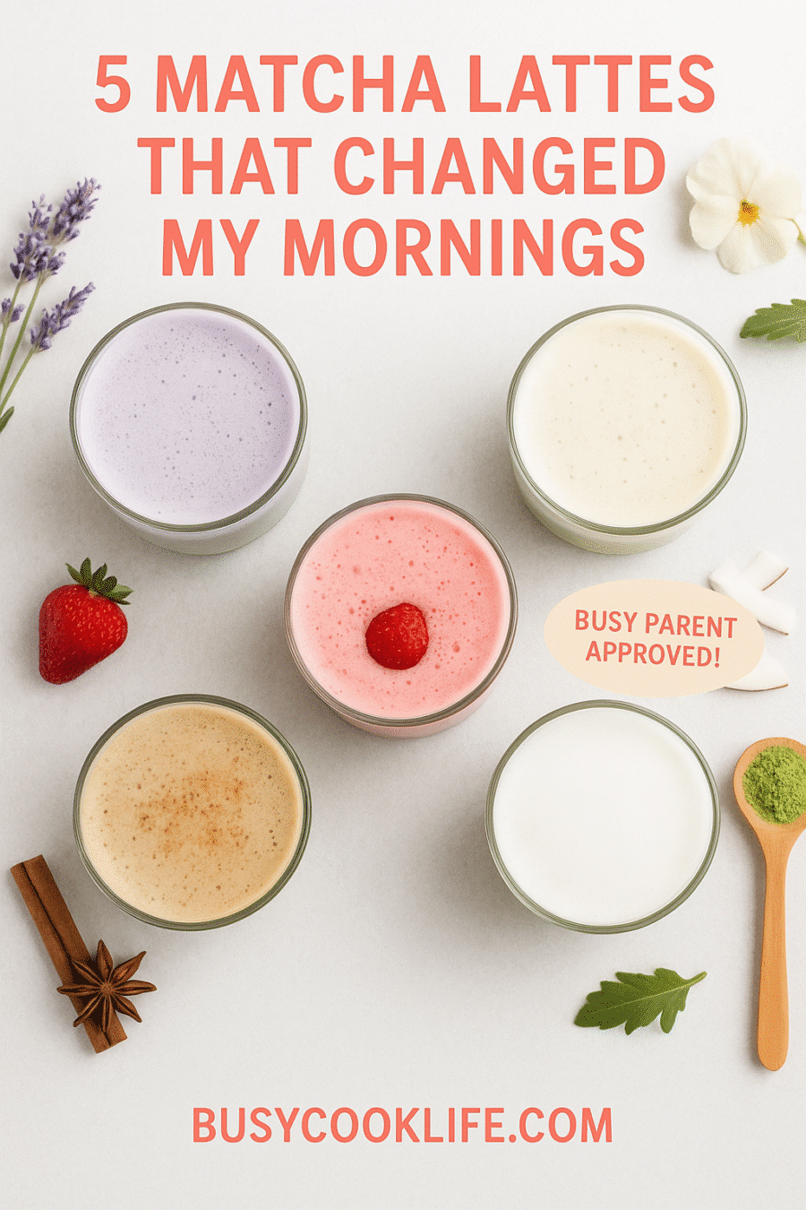 Pinterest pin for 5 matcha latte collection - morning energy smoothie