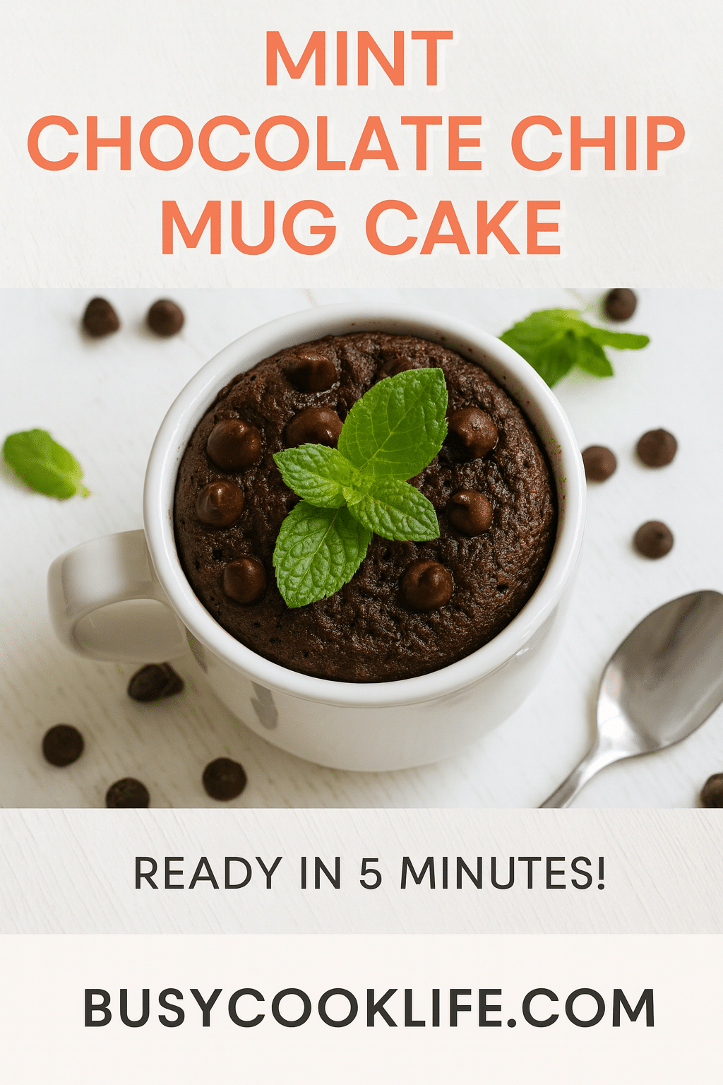 Pinterest pin for mint chocolate chip mug cake recipe - 5-minute microwave dessert from BusyCookLife