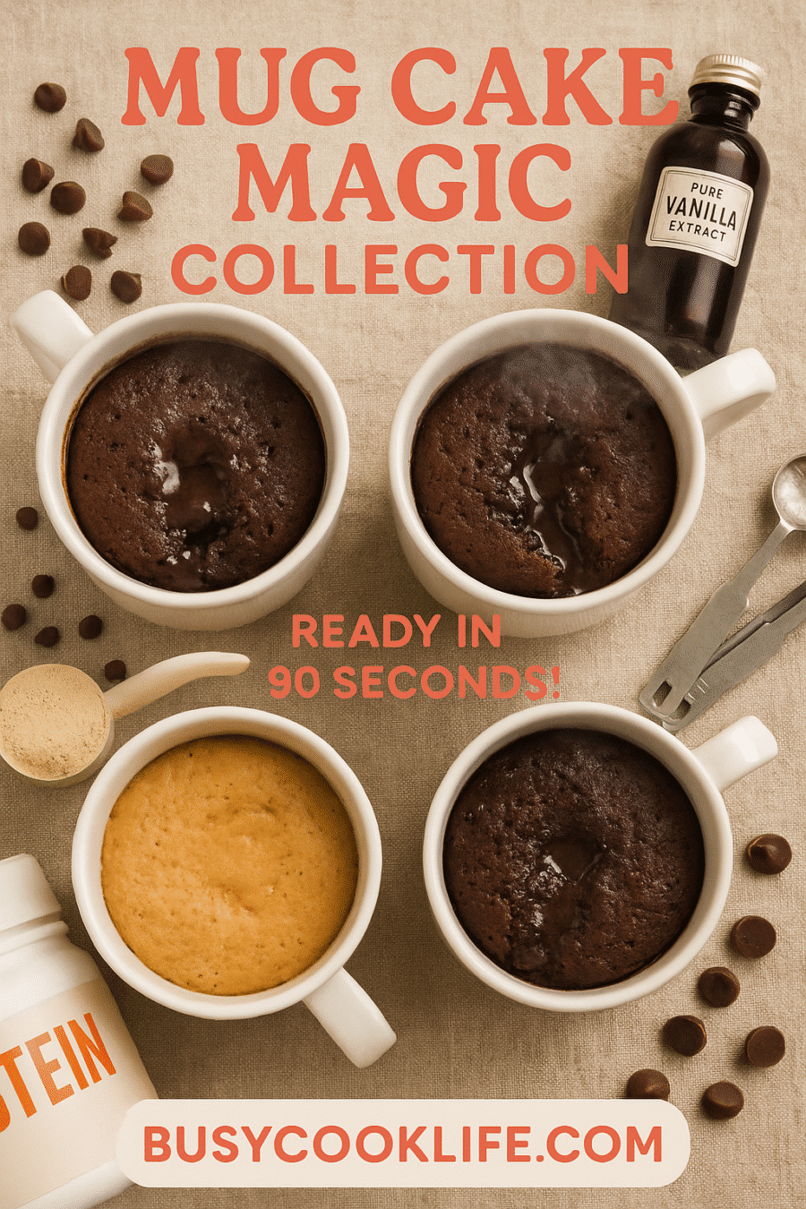 Pinterest pin for mug cake collection - READY IN 90 SECONDS mug-recipe