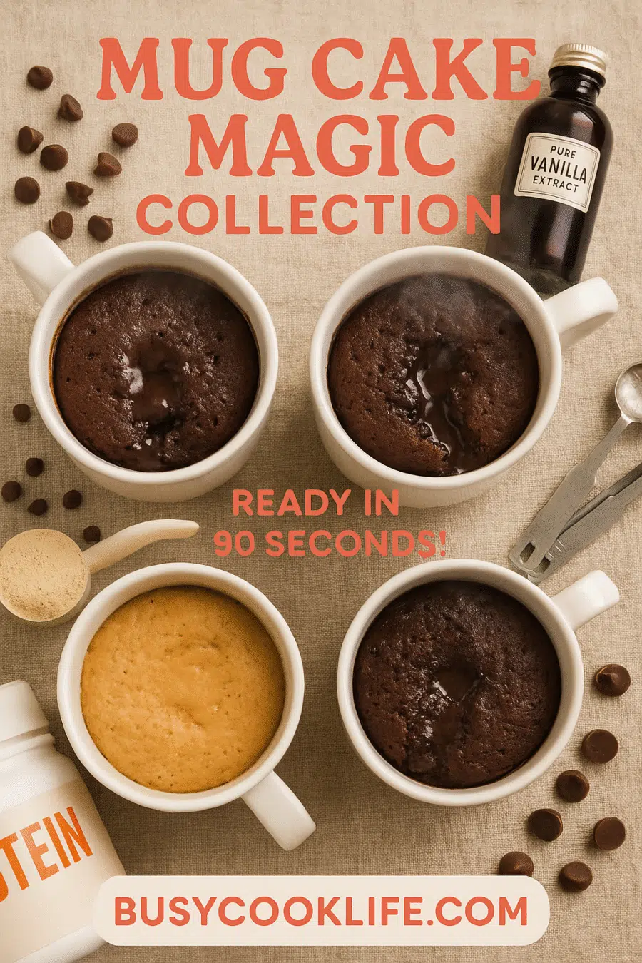 Pinterest pin for mug cake collection - READY IN 90 SECONDS mug-recipe