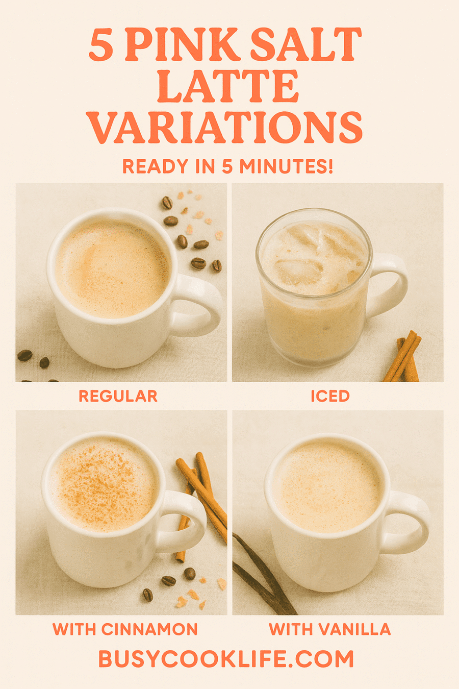 Pinterest pin for 5 pink salt latte variations - 5-minute breakfast drinks