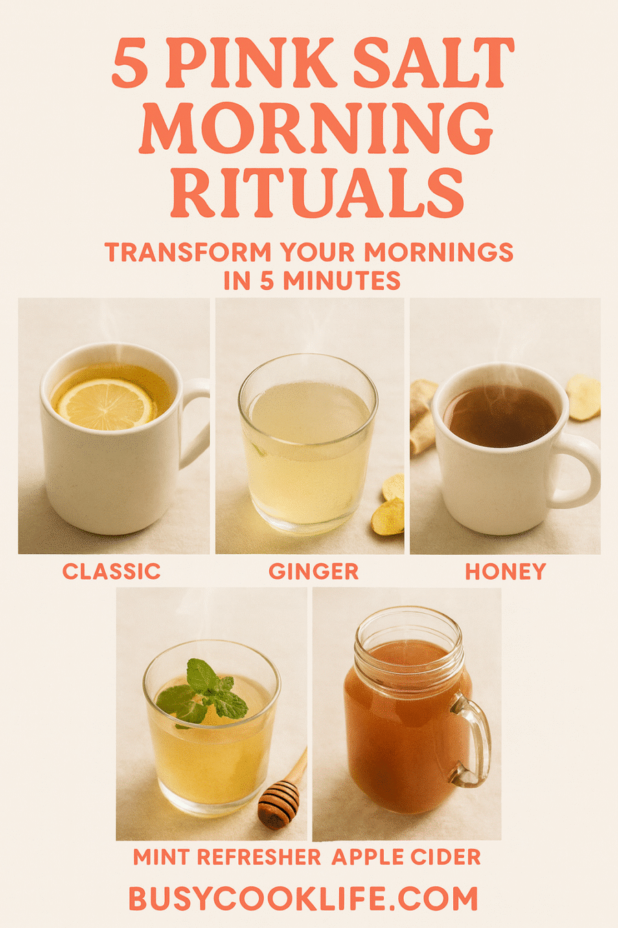 Pinterest pin for 5 pink salt morning ritual variations - wellness drink collection