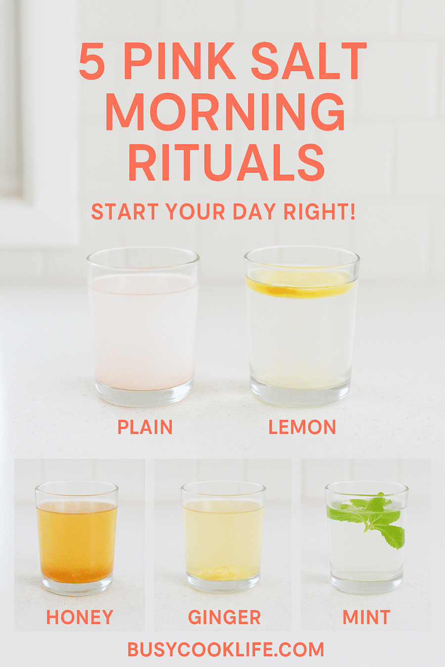 Pinterest pin for 5 pink salt morning rituals - wellness drink variations