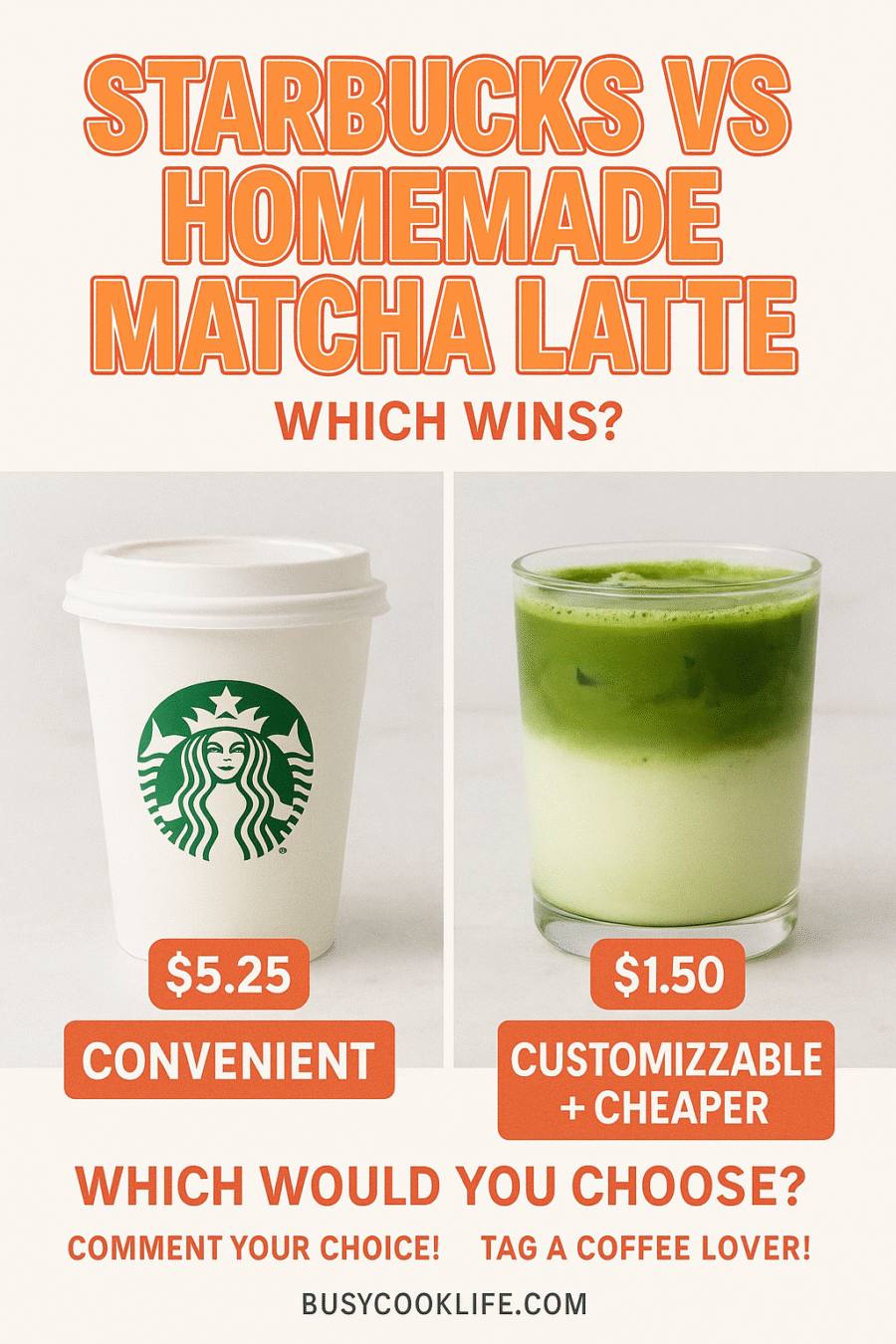 Recreate Starbucks Matcha Latte Recipe at Home 11 Pinterest comparison pin showing Starbucks vs homemade matcha latte cost and quality differences