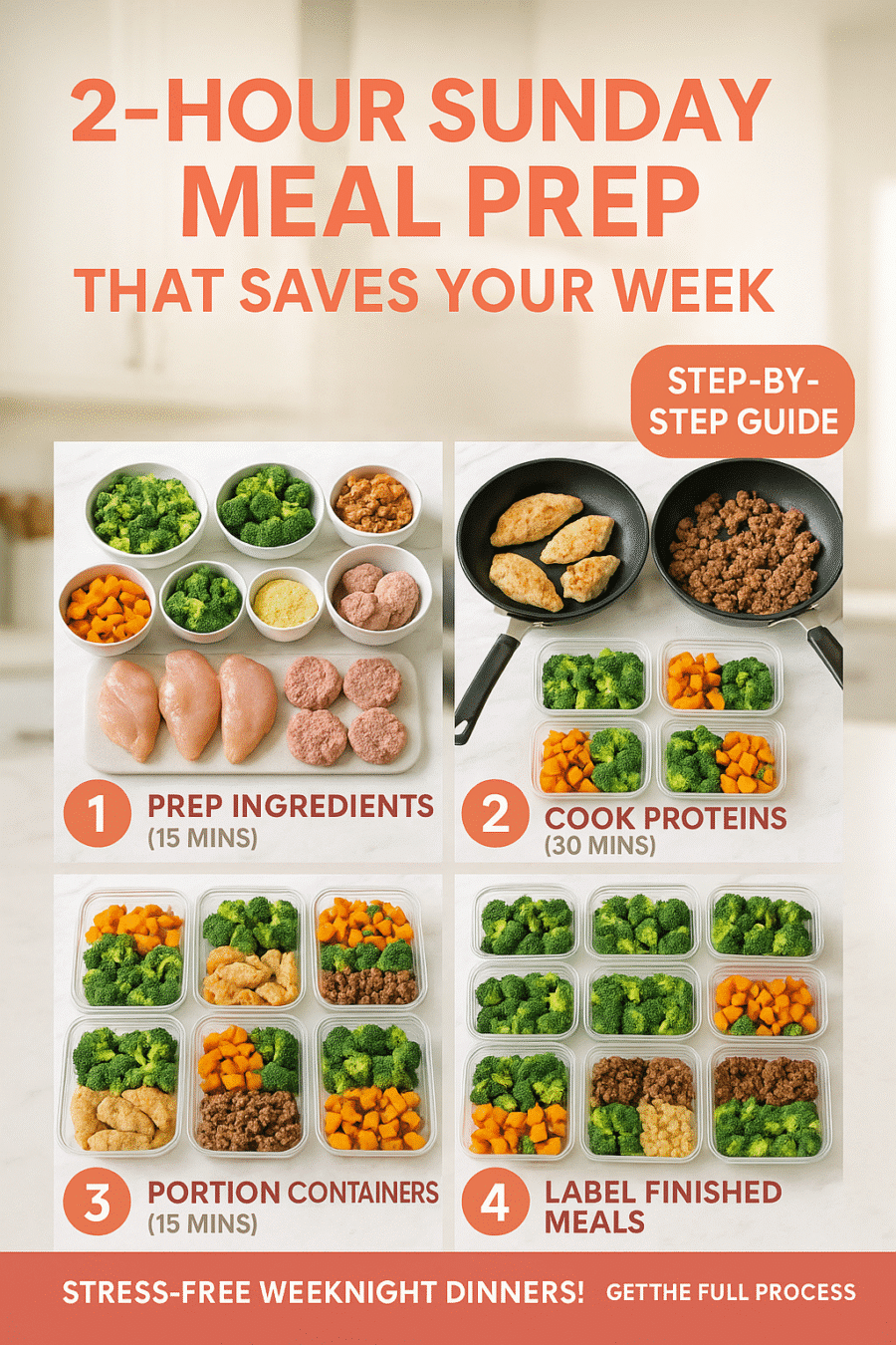 2-hour Sunday meal prep tutorial Pinterest pin showing step-by-step high protein batch cooking process