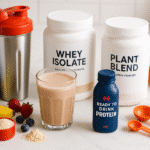 Best protein shakes for weight loss tested by busy mom Emma - whey isolate, plant blends, and ready-to-drink options on marble counter