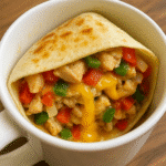 Quesadilla in a mug with melted cheese and vegetables - trusted 2-minute microwave recipe from BusyCookLife