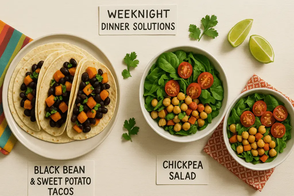 Two quick vegan high protein dinner options - tacos and chickpea salad from BusyCookLife meal prep
