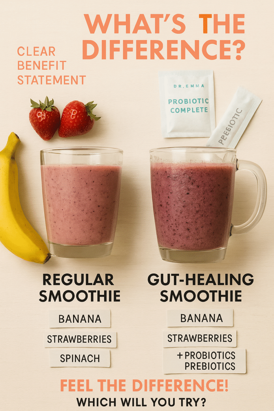 Regular smoothie vs gut-healing smoothie comparison Pinterest pin - probiotic benefits BusyCookLife