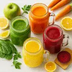 Simple juice recipes for gut health featuring 6 colorful fresh juices in mason jars with organic ingredients