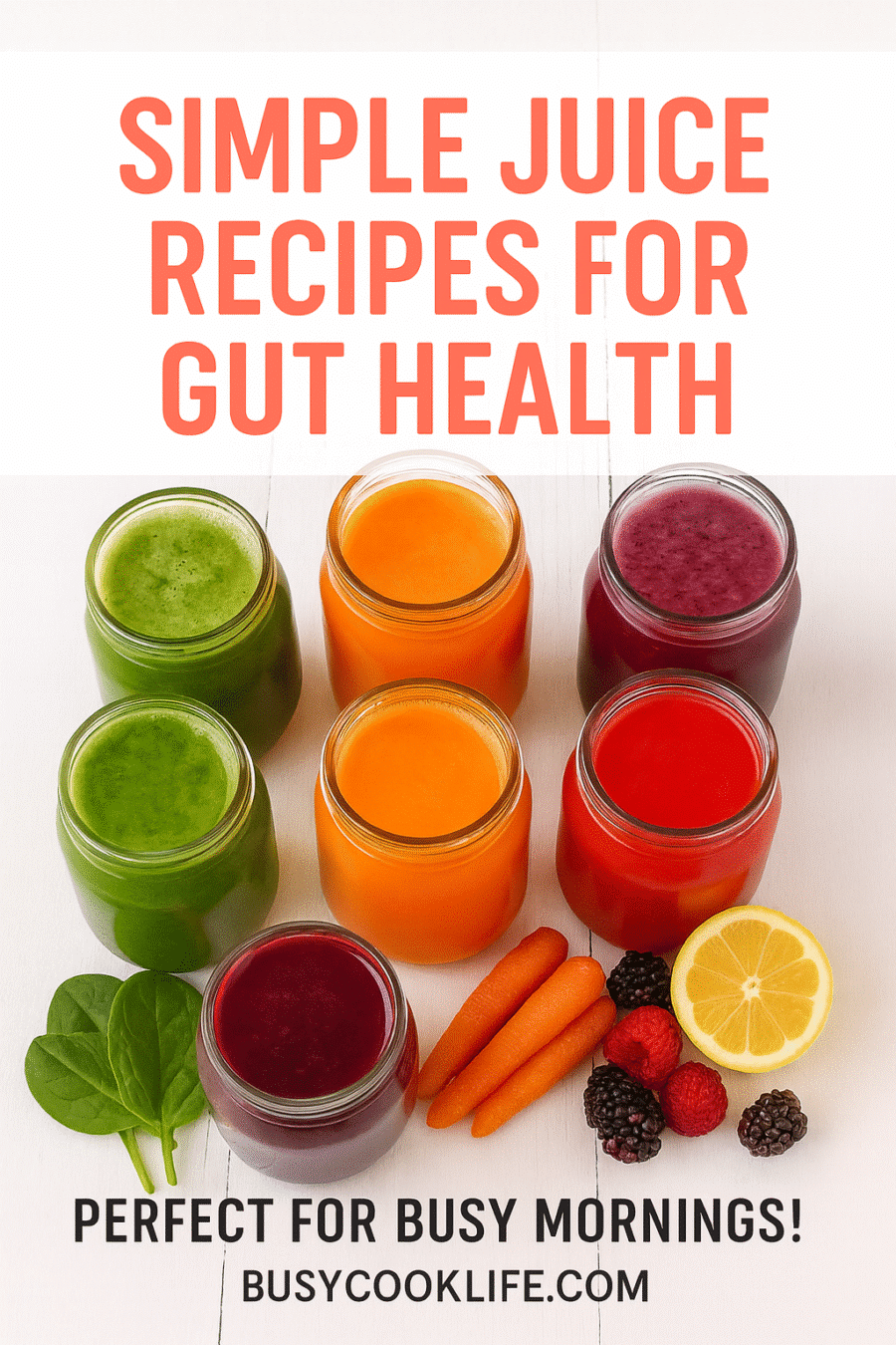 Pinterest pin for simple juice recipes for gut health collection with 6 colorful mason jar drinks