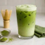 Starbucks matcha latte recipe - vibrant green iced matcha latte in clear glass with bamboo whisk and matcha powder on white marble counter