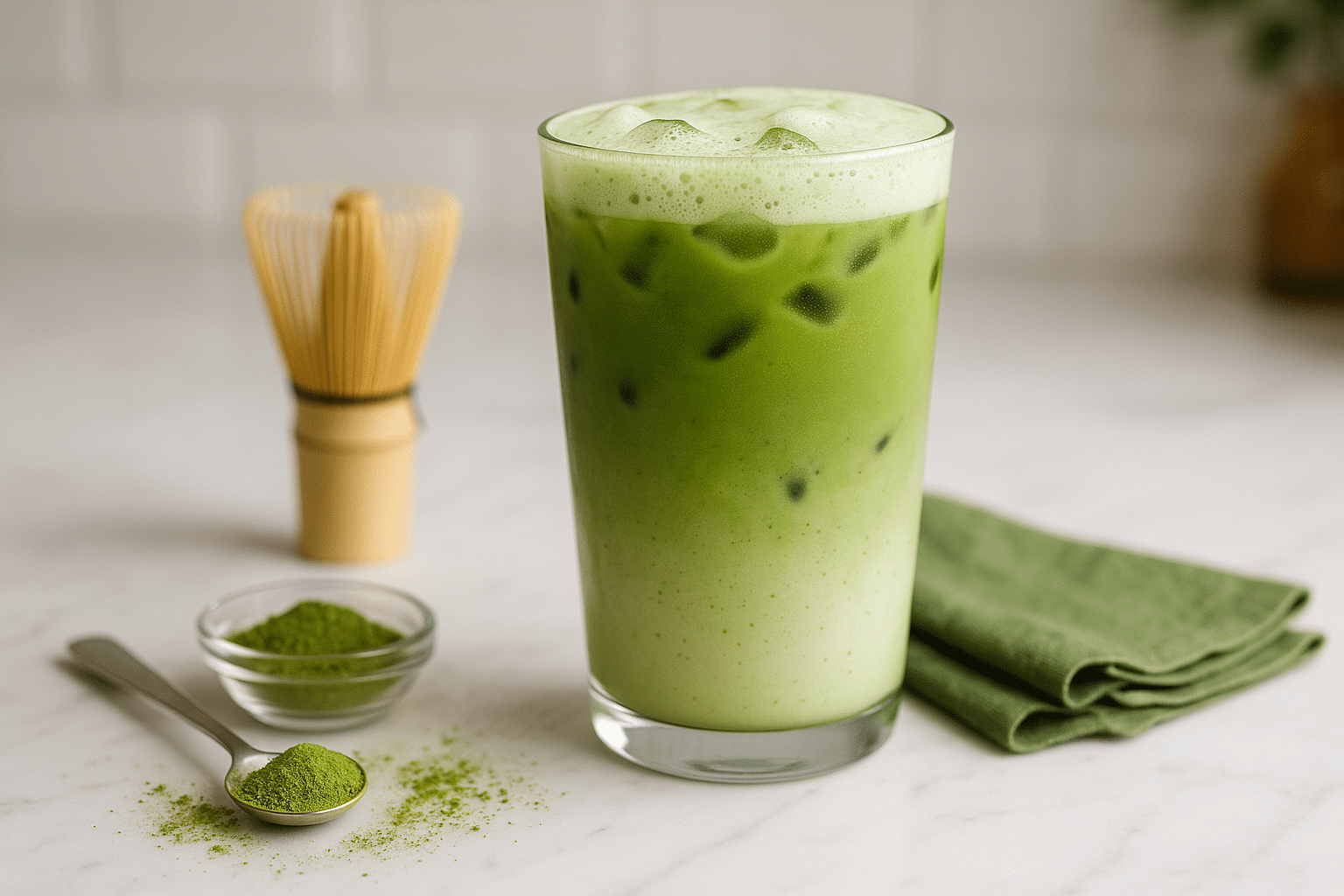 Starbucks matcha latte recipe - vibrant green iced matcha latte in clear glass with bamboo whisk and matcha powder on white marble counter