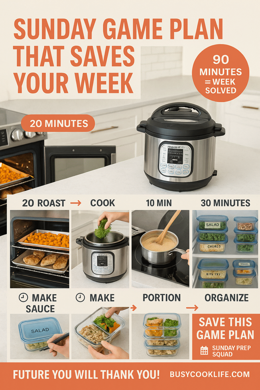 Sunday meal prep game plan workflow showing 90 minutes of batch cooking for entire week
