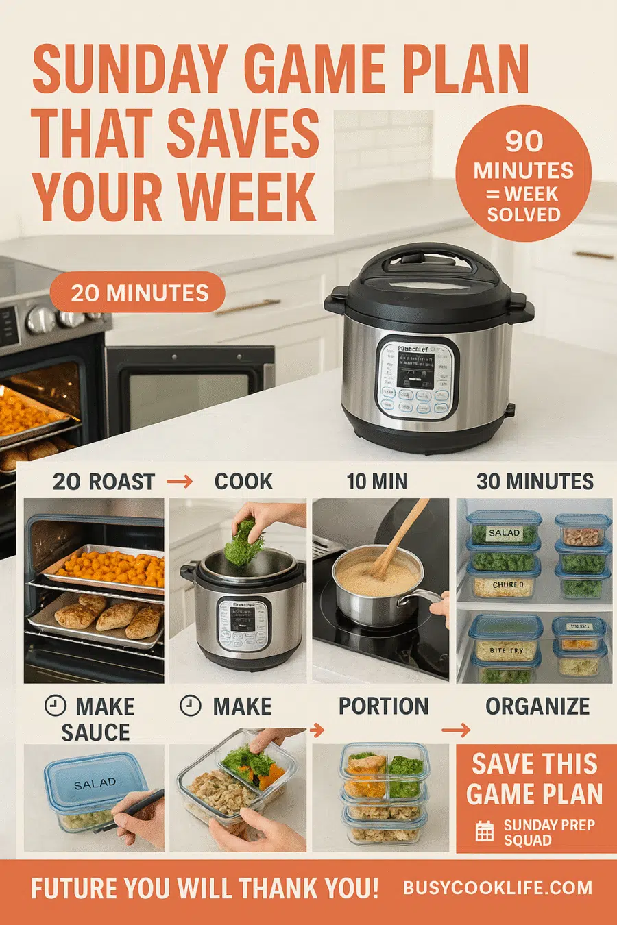 Sunday meal prep game plan workflow showing 90 minutes of batch cooking for entire week