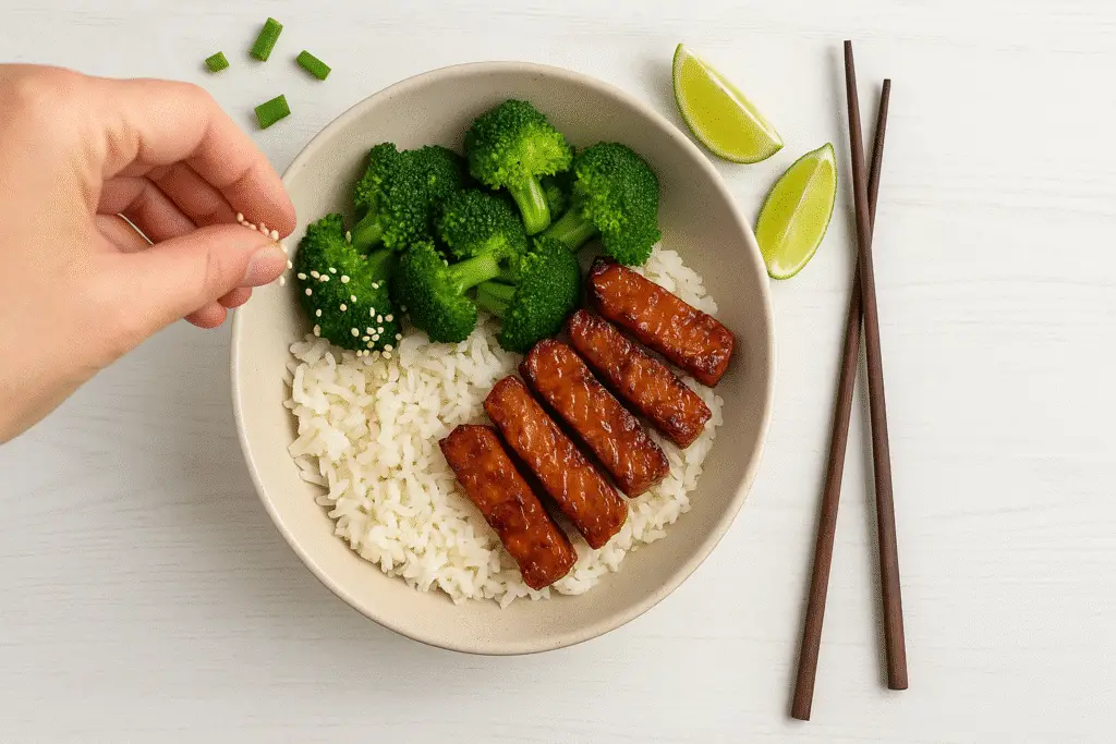 Teriyaki tempeh bowl assembly showing vegan high protein meal prep technique from BusyCookLife