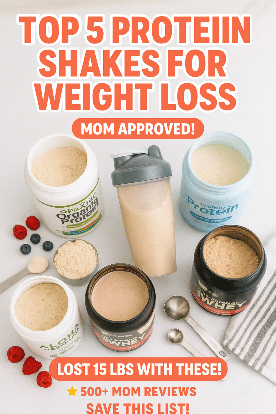 Top 5 protein shakes for weight loss pinterest pin with product recommendations and mom reviews