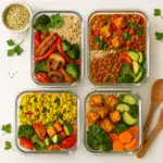 Vegan high protein meal prep containers with seitan, lentils, and tofu on white wooden surface from BusyCookLife