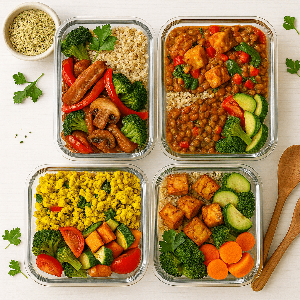 Vegan high protein meal prep containers with seitan, lentils, and tofu on white wooden surface from BusyCookLife