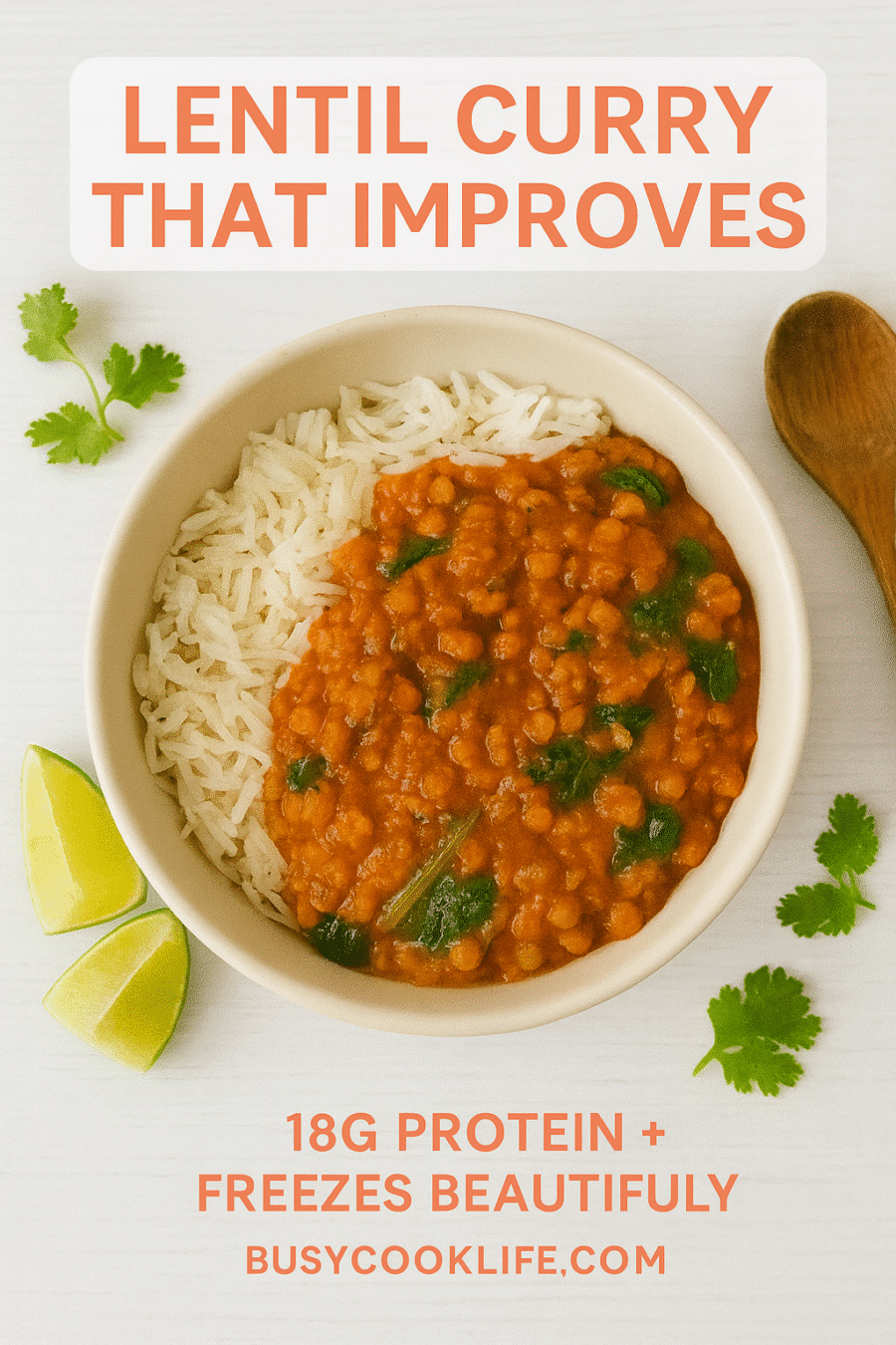Vegan lentil curry with spinach over basmati rice showing high protein meal prep from BusyCookLife