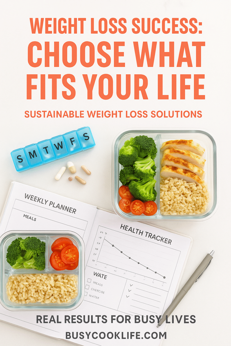 Weight loss success Pinterest pin - sustainable solutions for busy lives