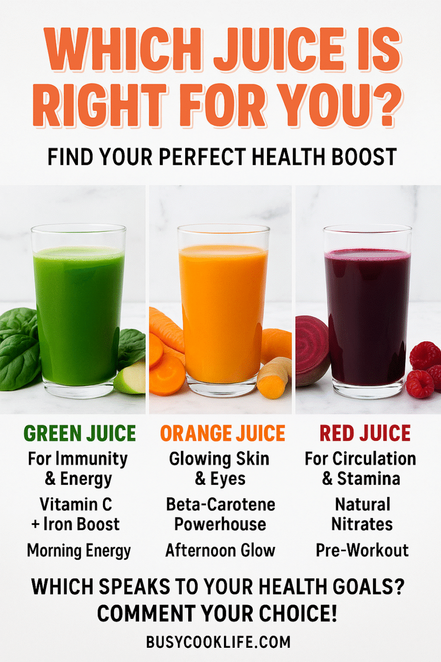 Pinterest comparison showing three juice options for different health benefits - green for immunity, orange for skin health, red for circulation