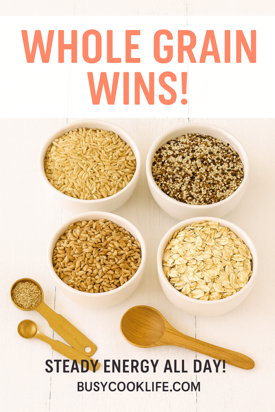 Whole grains for weight loss including brown rice quinoa farro oats from BusyCookLife pantry collection