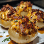 How to make Hot Honey Bacon Mac Cheeseburger Stuffed Onion Bombs for Game Day — key cooking step