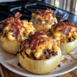 How to make Loaded Bacon Mac Cheeseburger Stuffed Onion Bombs — key cooking step