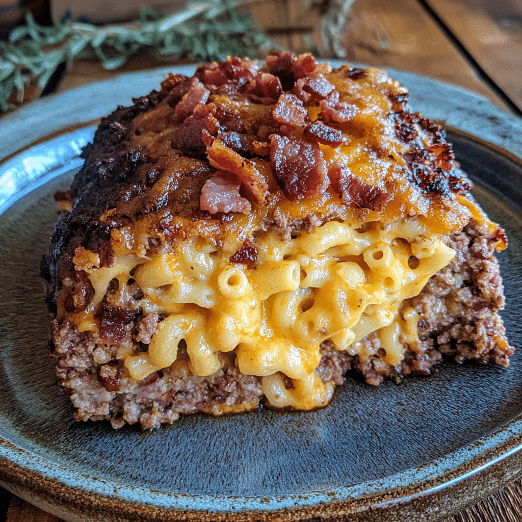 Smoked Bacon Mac and Cheese Stuffed Meatloaf — restaurant-quality recipe photo